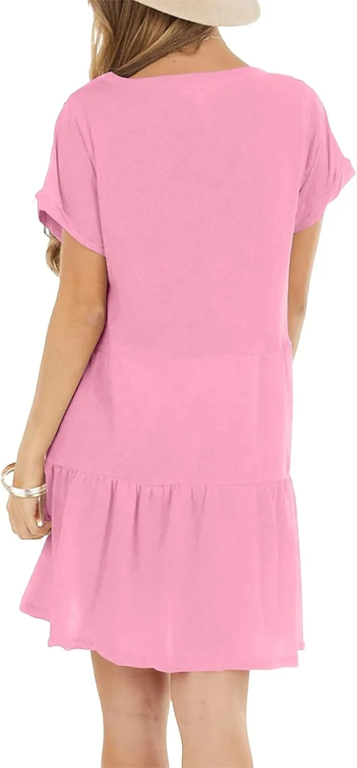 Tshirt Dress Women Summer Loose Short Sleeve Ruffle Drop Waist Short Dress with Pockets Cute Sunday Dresses