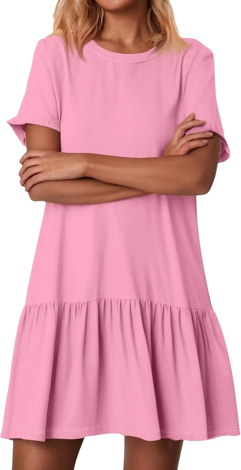 Tshirt Dress Women Summer Loose Short Sleeve Ruffle Drop Waist Short Dress with Pockets Cute Sunday Dresses