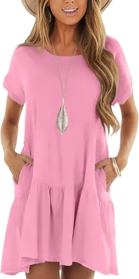 Tshirt Dress Women Summer Loose Short Sleeve Ruffle Drop Waist Short Dress with Pockets Cute Sunday Dresses