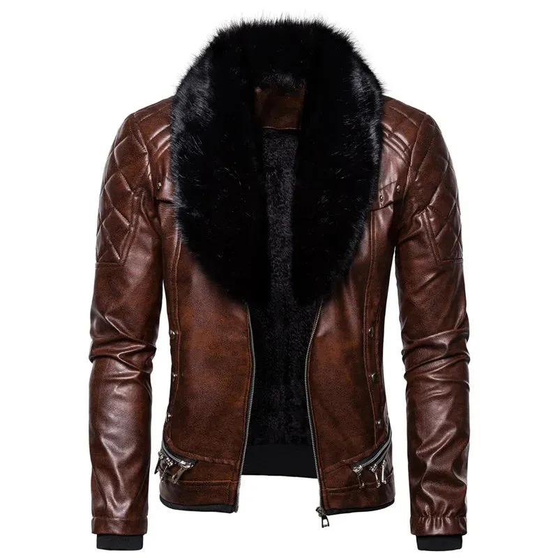 Winter Men's Plush Fur Collar Leather Jacket Casual Fashion Thick Wind-proof Leather Jackets Man