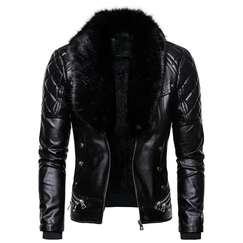 Winter Men's Plush Fur Collar Leather Jacket Casual Fashion Thick Wind-proof Leather Jackets Man