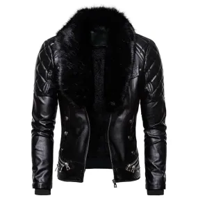 Winter Men's Plush Fur Collar Leather Jacket Casual Fashion Thick Wind-proof Leather Jackets Man