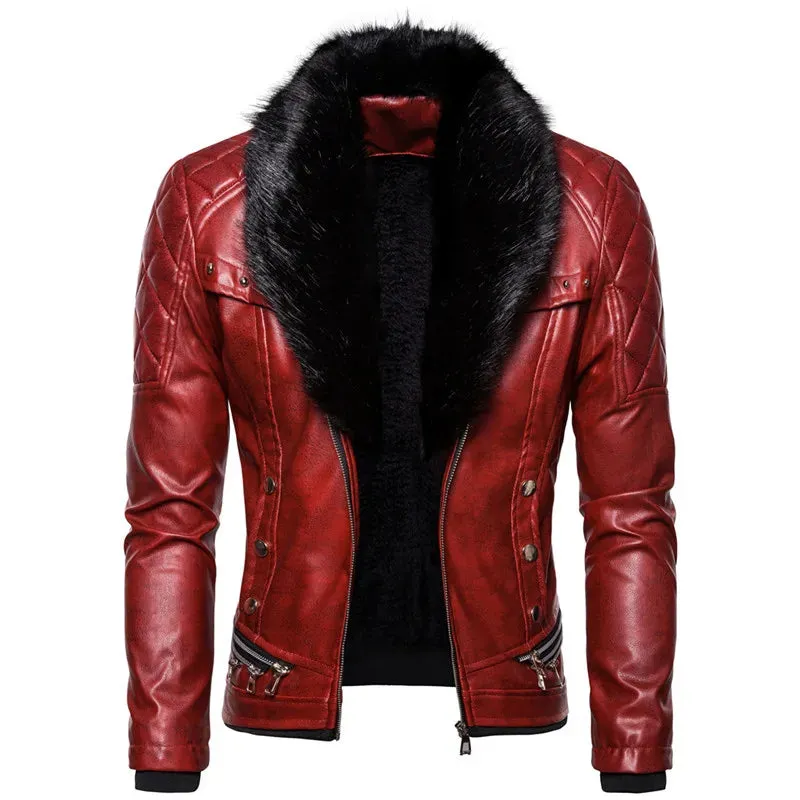 Winter Men's Plush Fur Collar Leather Jacket Casual Fashion Thick Wind-proof Leather Jackets Man