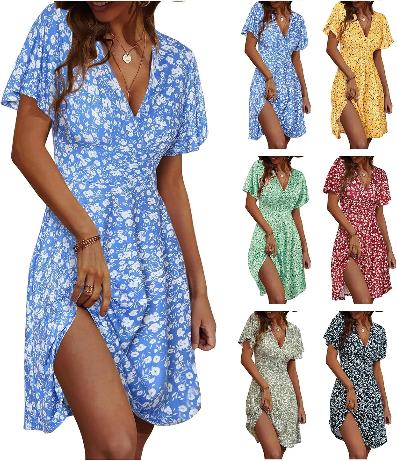 Womens Casual Dress Floral Short Sleeve Wrap V Neck A-Line Midi Dress Summer Flowy Short Vacation Beach Sundress