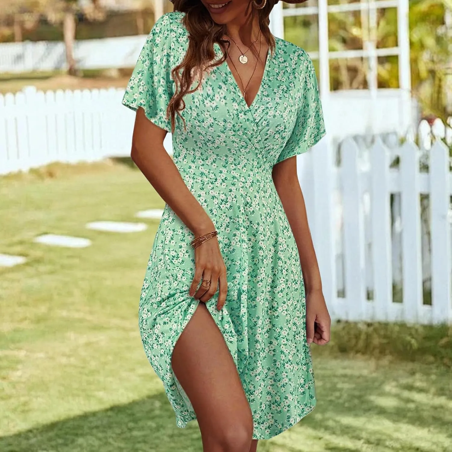 Womens Casual Dress Floral Short Sleeve Wrap V Neck A-Line Midi Dress Summer Flowy Short Vacation Beach Sundress