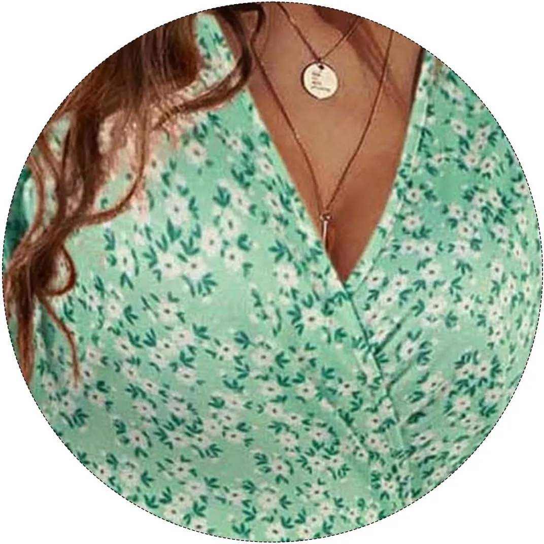 Womens Casual Dress Floral Short Sleeve Wrap V Neck A-Line Midi Dress Summer Flowy Short Vacation Beach Sundress