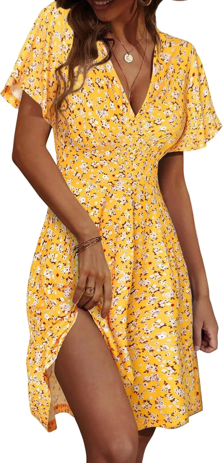 Womens Casual Dress Floral Short Sleeve Wrap V Neck A-Line Midi Dress Summer Flowy Short Vacation Beach Sundress