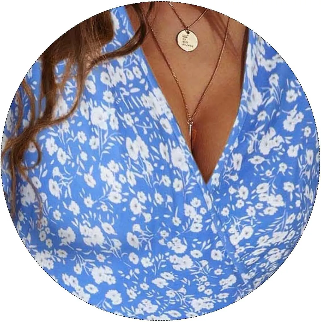 Womens Casual Dress Floral Short Sleeve Wrap V Neck A-Line Midi Dress Summer Flowy Short Vacation Beach Sundress