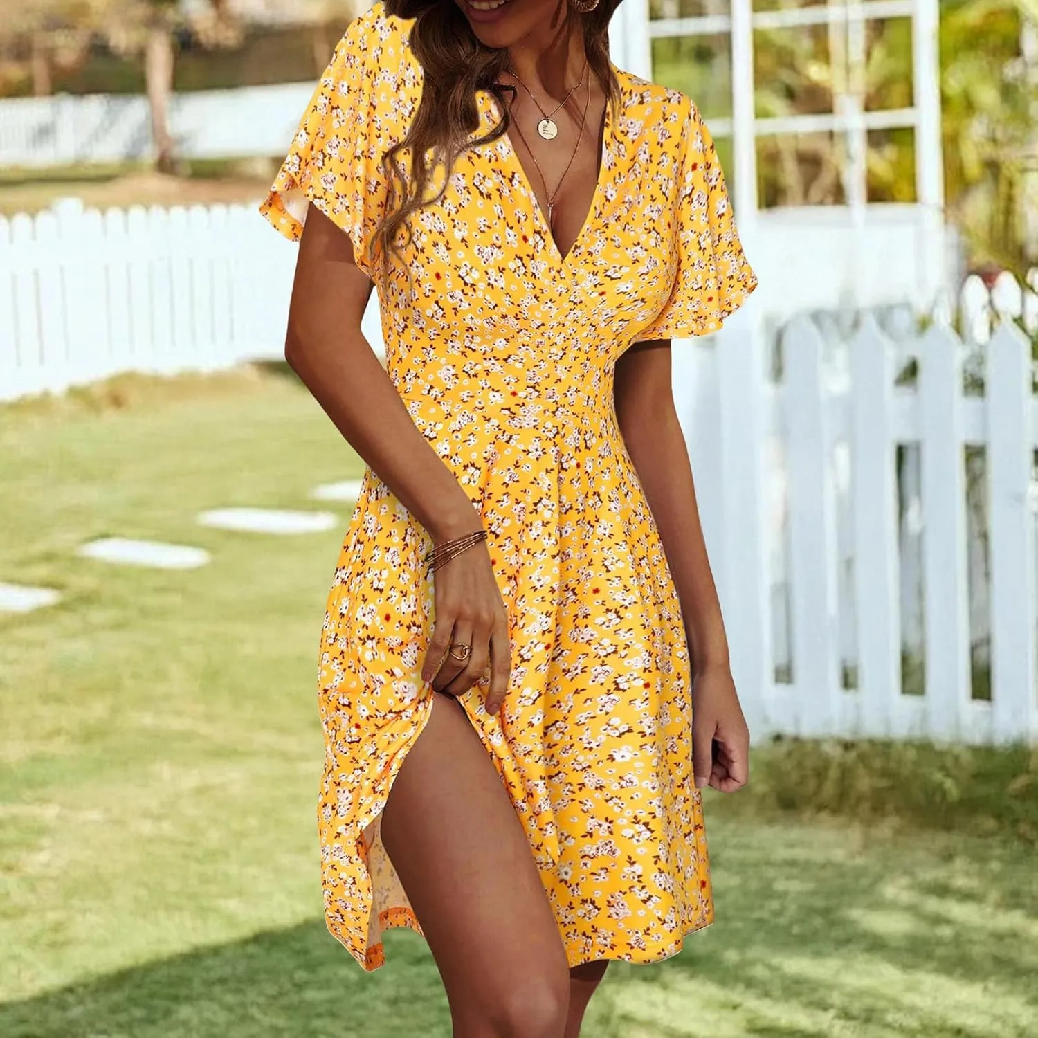 Womens Casual Dress Floral Short Sleeve Wrap V Neck A-Line Midi Dress Summer Flowy Short Vacation Beach Sundress