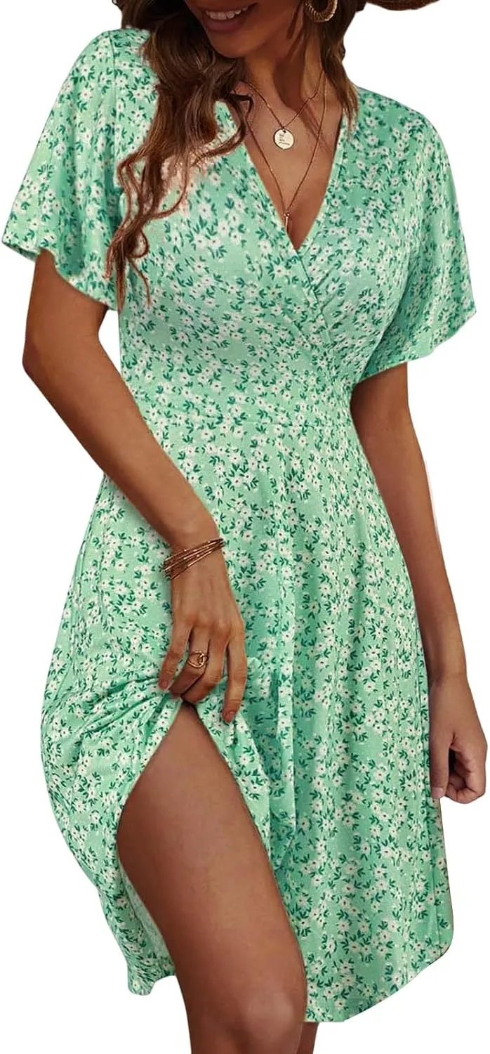 Womens Casual Dress Floral Short Sleeve Wrap V Neck A-Line Midi Dress Summer Flowy Short Vacation Beach Sundress