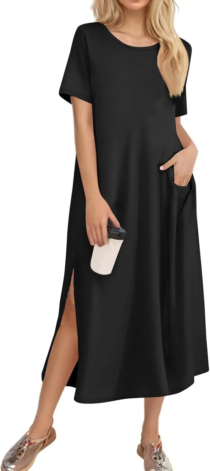Women's Casual Loose Fit Short Sleeve Midi Dress with Side Slits Comfortable Summer Beach Wear