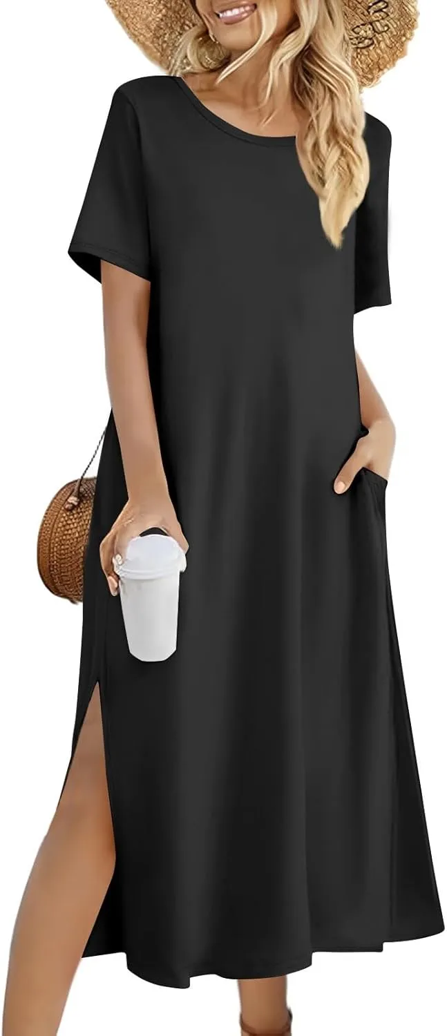 Women's Casual Loose Fit Short Sleeve Midi Dress with Side Slits Comfortable Summer Beach Wear