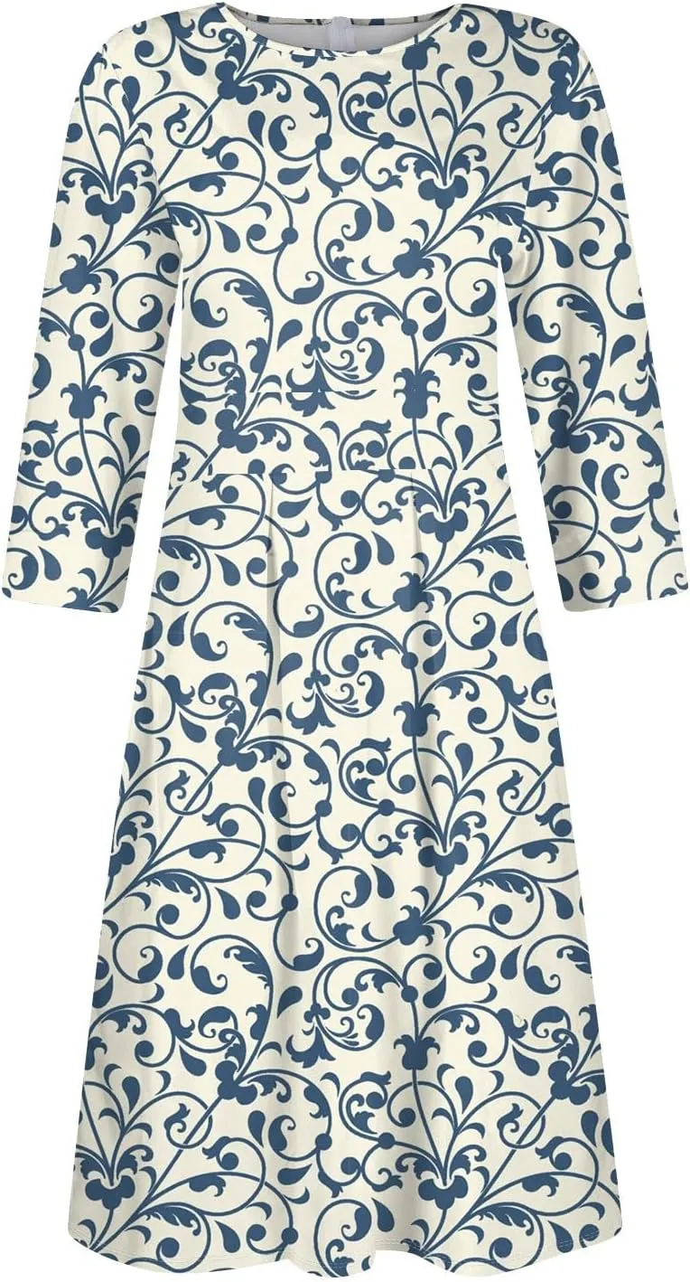 Women's Floral Print A-Line Midi Dress with 3/4 Sleeves Elegant Casual Wear for Spring and Summer Outings