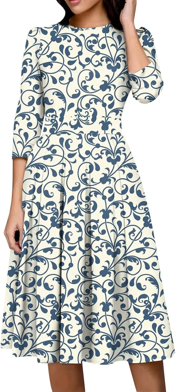 Women's Floral Print A-Line Midi Dress with 3/4 Sleeves Elegant Casual Wear for Spring and Summer Outings