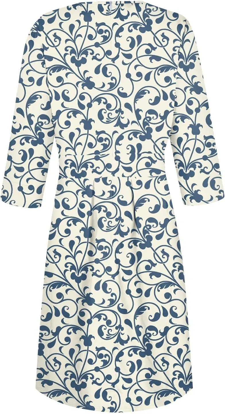 Women's Floral Print A-Line Midi Dress with 3/4 Sleeves Elegant Casual Wear for Spring and Summer Outings