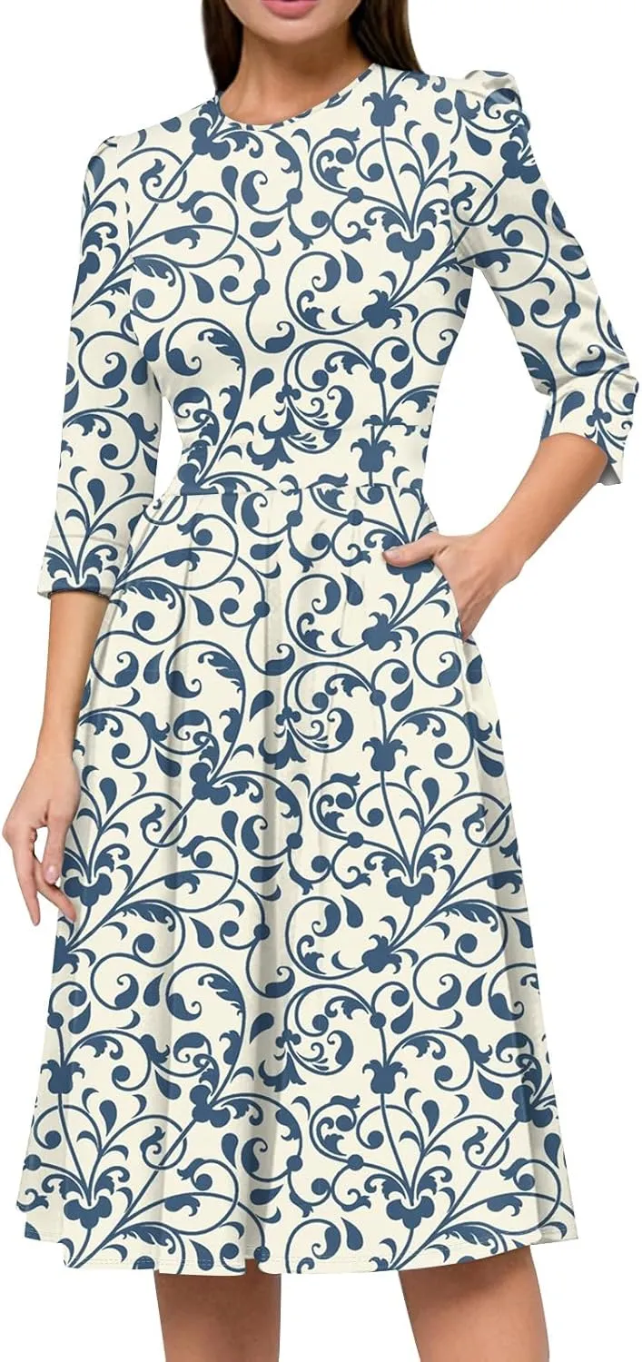 Women's Floral Print A-Line Midi Dress with 3/4 Sleeves Elegant Casual Wear for Spring and Summer Outings