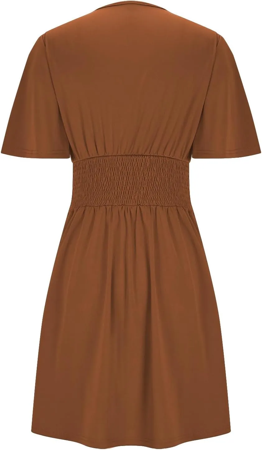 Women's Summer Ruched A Line Mini Dress Flare Elastic Waist Short Sleeve Wrap V Neck Swing Short Wedding Guest Dress