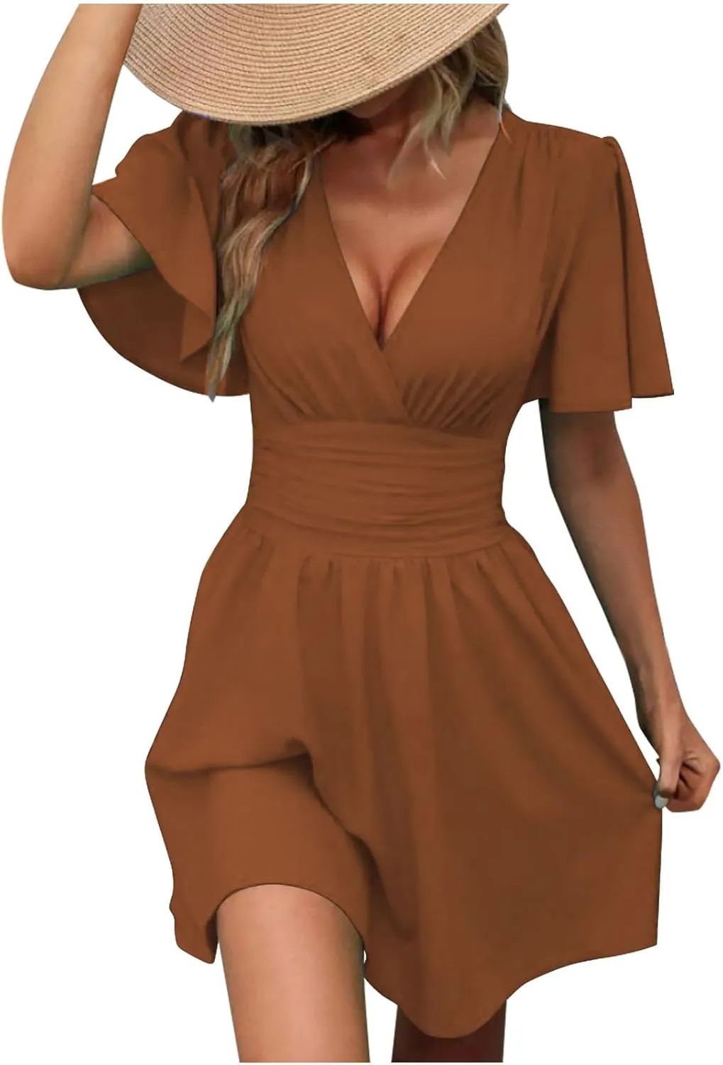 Women's Summer Ruched A Line Mini Dress Flare Elastic Waist Short Sleeve Wrap V Neck Swing Short Wedding Guest Dress