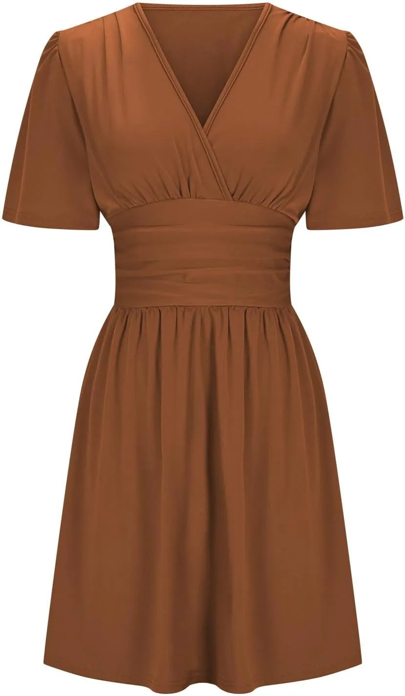 Women's Summer Ruched A Line Mini Dress Flare Elastic Waist Short Sleeve Wrap V Neck Swing Short Wedding Guest Dress