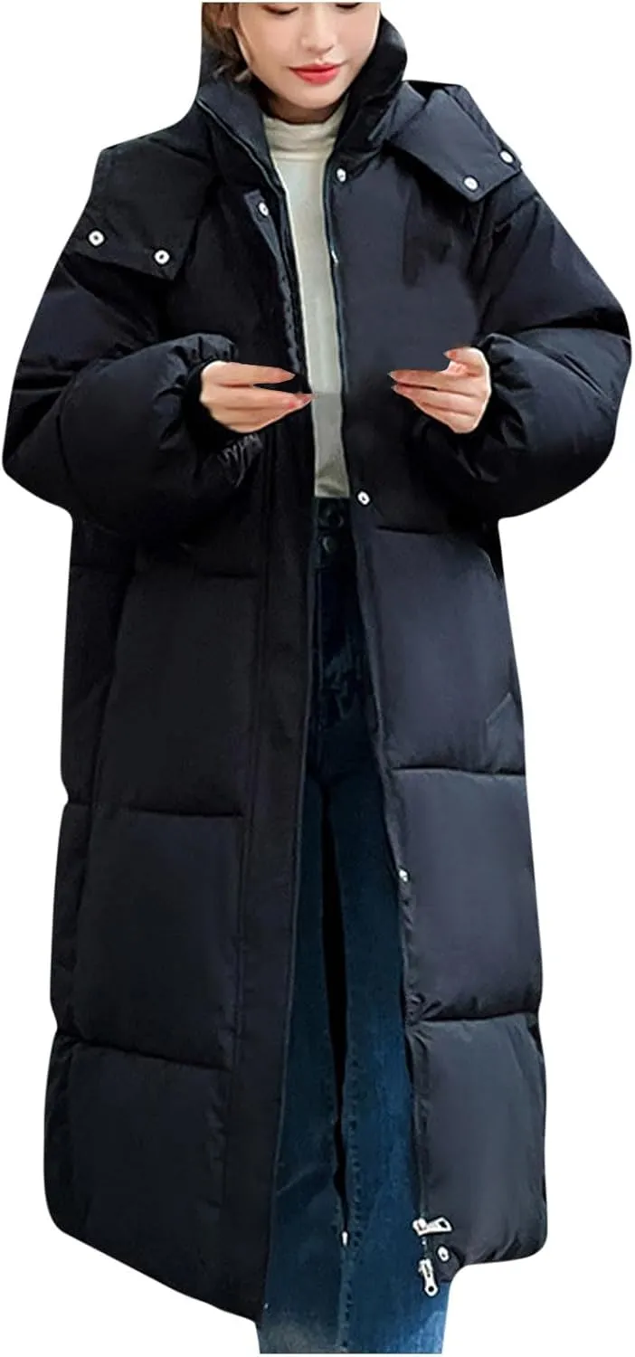 Women's Thickened Down Jacket Winter Warm Quilted Puffer Long Coat with Hood Thermal Zip Up Snap Pockets Padded Outwear