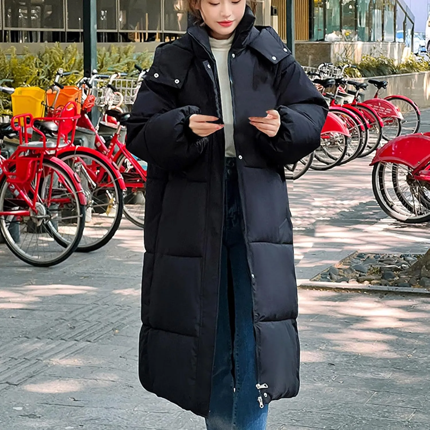 Women's Thickened Down Jacket Winter Warm Quilted Puffer Long Coat with Hood Thermal Zip Up Snap Pockets Padded Outwear