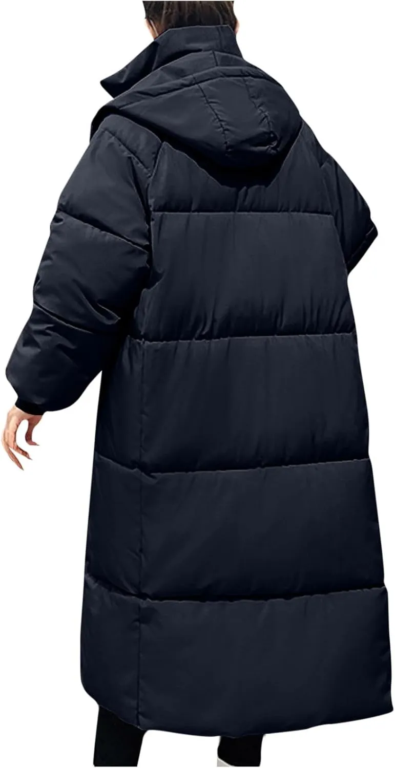 Women's Thickened Down Jacket Winter Warm Quilted Puffer Long Coat with Hood Thermal Zip Up Snap Pockets Padded Outwear