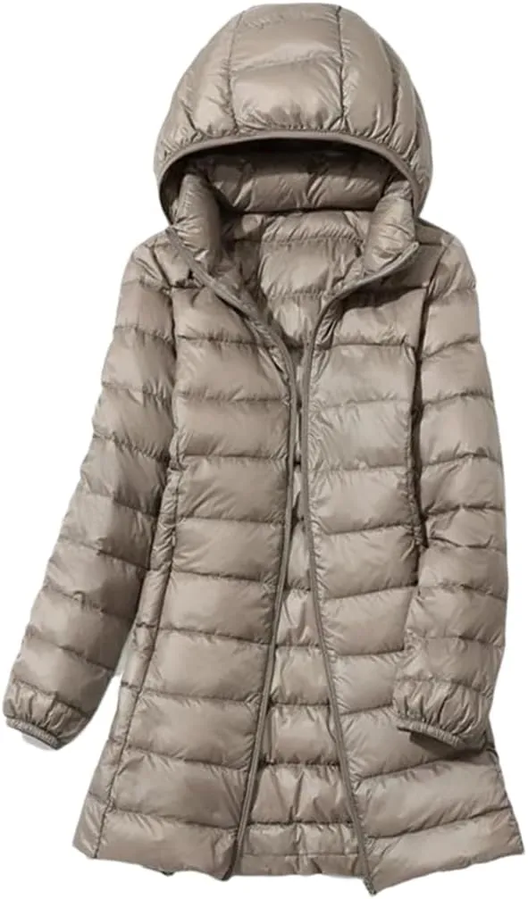 Women's Winter Long Down Coat Solid Ultra Light Thin Puffer Jacket Slim Casual Remove Hooded Parka