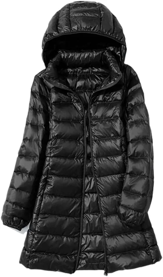 Women's Winter Long Down Coat Solid Ultra Light Thin Puffer Jacket Slim Casual Remove Hooded Parka
